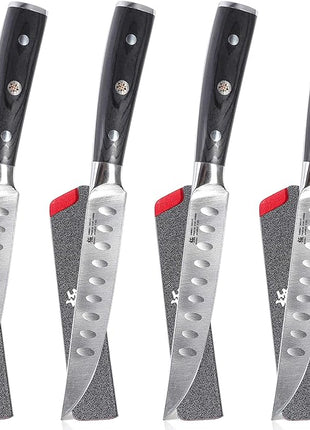 KYOKU Samurai Series - 5" Steak Knives Set of 4 with Sheath & Case - Full Tang - Japanese High Carbon Steel - Pakkawood Handle with Mosaic Pin (Japanese Steak Knife Set)