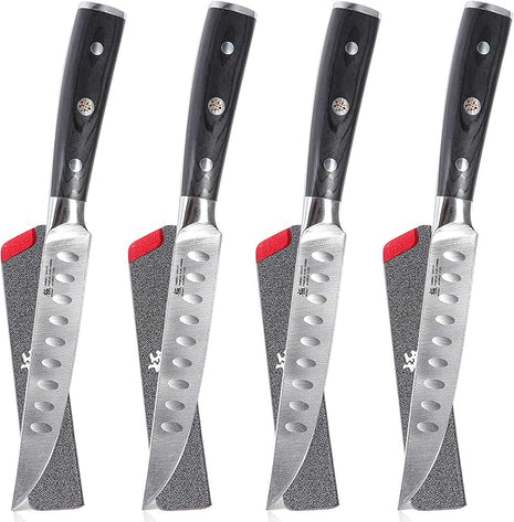 KYOKU Samurai Series - 5" Steak Knives Set of 4 with Sheath & Case - Full Tang - Japanese High Carbon Steel - Pakkawood Handle with Mosaic Pin (Japanese Steak Knife Set)