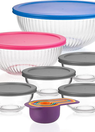 Set of 6 Stackable Space-Saving Nesting Glass Bowls with BPA Free Lids for Foodprep, Storage, Baking, Mixing & Cooking, Microwave Safe - Durable Inert Borosilicate Glass