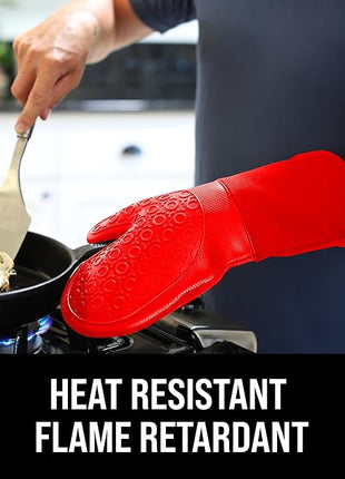 BPA-Free Silicone Oven Mitts Ultra Heat Resistant up to 500°F - Oven Mitts with Thick Cotton Liner - Long Slip Resistant Pot Holders, Flexible Oven Gloves - Canyon Red 13.7
