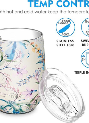 THILY Stainless Steel Insulated Wine Tumbler Stemless Wine Glass with Lid and Straw, Splash-proof, Reusable, Cute Travel Cup for Coffee, Cocktails, Keep Drinks Cold, Gifts for Women, Girls, Orchid