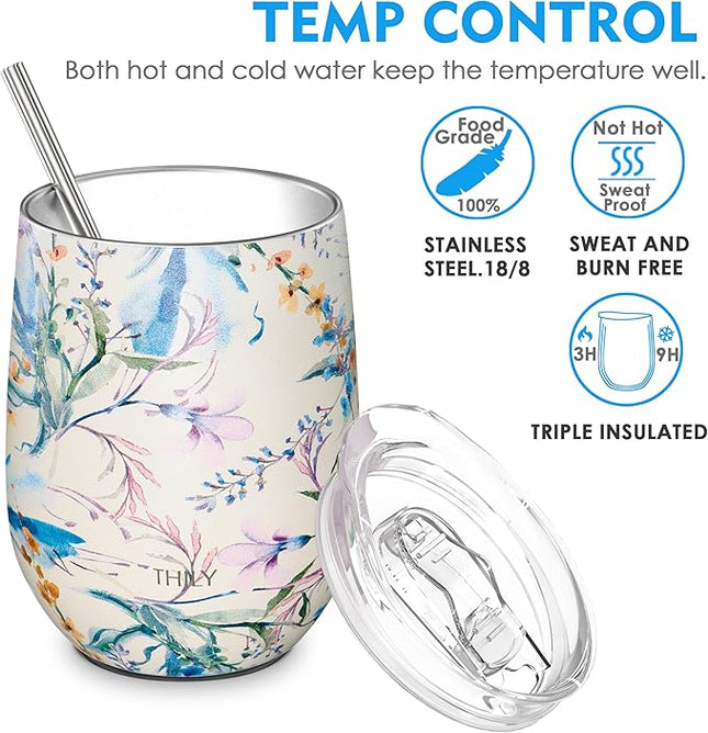 THILY Stainless Steel Insulated Wine Tumbler Stemless Wine Glass with Lid and Straw, Splash-proof, Reusable, Cute Travel Cup for Coffee, Cocktails, Keep Drinks Cold, Gifts for Women, Girls, Orchid