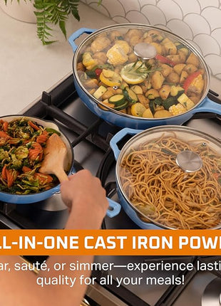 Bruntmor Pre-Seasoned Cast Iron Frying Pan Set - 8, 10, 12 Inch Blue Enamel Nonstick Skillets with Tempered Glass Lid - Oven Safe Egg and Grill Pan Set for Cooking, Searing, and Frying