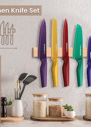Astercook Knife Set, 12 Pcs Color-Coded Kitchen Knives Set, 6 Color Anti-Rust Coating Stainless Steel Chef Knife Sets with 6 Blade Guards Dishwasher Safe