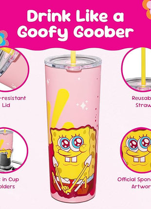 Dragon Glassware x SpongeBob SquarePants 24 oz Vacuum Insulated Tumbler with Lid and Straw - Tumbler Cup with 2 Straws - Stainless Steel Tumbler with Straw for Water, Iced Tea - SpongeBob - Pink
