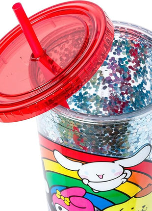 Silver Buffalo Sanrio Hello Kitty and Friends Featuring Cinnamoroll, Badtz-Maru, My Melody, Pompompurin, Tuxedo Sam, and Chococat Rainbow Plastic Confetti Cold Cup with Lid and Straw, 32 Ounces