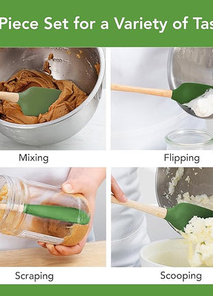 Tovolo Silicone Spatula with Wooden Handle Set of 5 Piece Silicone Kitchen Utensil Set Spoonula Jar Scraper Mini Spatula and Spoonula for Cooking Baking Mixing Folding Pesto Green