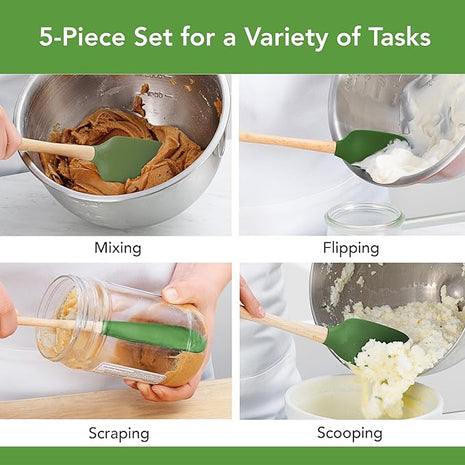 Tovolo Silicone Spatula with Wooden Handle Set of 5 Piece Silicone Kitchen Utensil Set Spoonula Jar Scraper Mini Spatula and Spoonula for Cooking Baking Mixing Folding Pesto Green