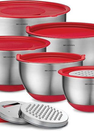 Belwares Mixing Bowls with Lids Set - Nesting Bowls with Airtight Lids + Graters - Stainless Steel Non-Slip Mixing Bowl for Baking, Food Storage and Prepping (Red, 5-Piece Set)