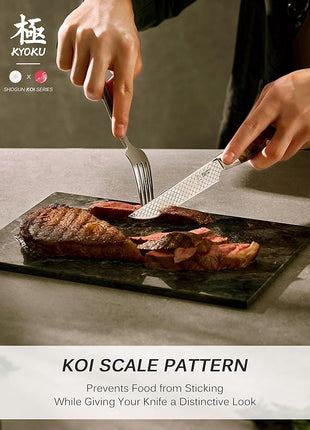 KYOKU 4.8" Steak Knife Set of 4 with Non-Stick Koi Scale Pattern, Japanese VG10 Stainless Steel Steak Knives with Sheath Gift Box, Shogun Koi Series Full Tang Knives for Steak with Camphorwood Handles