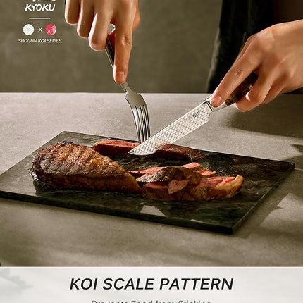 KYOKU 4.8" Steak Knife Set of 4 with Non-Stick Koi Scale Pattern, Japanese VG10 Stainless Steel Steak Knives with Sheath Gift Box, Shogun Koi Series Full Tang Knives for Steak with Camphorwood Handles