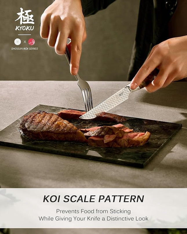 KYOKU 4.8" Steak Knife Set of 4 with Non-Stick Koi Scale Pattern, Japanese VG10 Stainless Steel Steak Knives with Sheath Gift Box, Shogun Koi Series Full Tang Knives for Steak with Camphorwood Handles