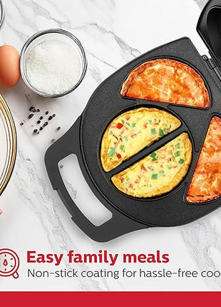 Holstein Housewares Stainless Steel 4 Section Omelet Maker, Non Stick Coating, Mess Free Cooking, Easy Cleaning, Indicator Lights, Upright Storage & Anti Slip Feet For Quick Meals. 4 Portions, Black