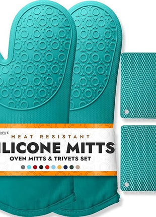 HOMWE Silicone Oven Mitts and Pot Holders, 4-Piece Set, Heavy Duty Cooking Gloves, Kitchen Counter Safe Trivet Mats, Advanced Heat Resistance, Non-Slip Textured Grip (Aqua Turquoise)
