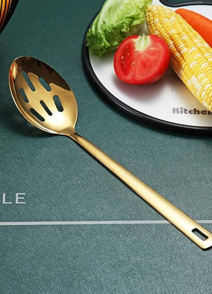 Berglander Gold Cooking Spoon, Stainless Steel Slotted Serving Spoon Titanium Gold Plating, Kitchen Basting Spoon For Cooking, Dishwasher Safe, Easy to Clean