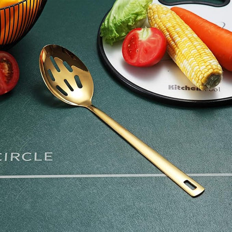 Berglander Gold Cooking Spoon, Stainless Steel Slotted Serving Spoon Titanium Gold Plating, Kitchen Basting Spoon For Cooking, Dishwasher Safe, Easy to Clean