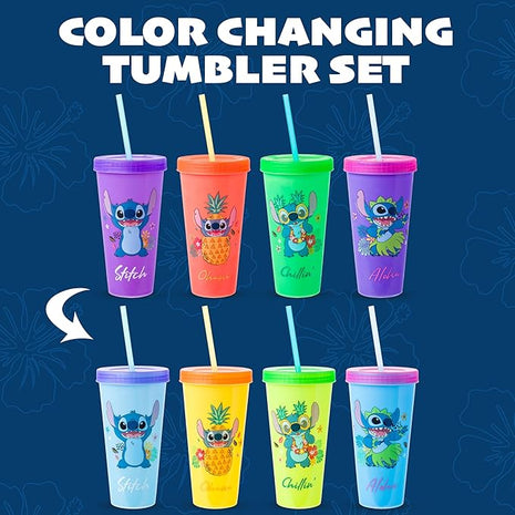 Silver Buffalo Disney Lilo and Stitch Tropical Poses 4 Pack Color Change Plastic Tumbler, 24 Ounces