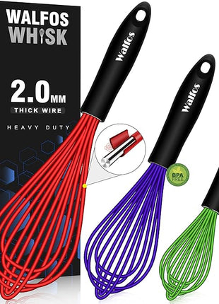 Walfos Whisk,7+9+11in Silicone whisk, BPA free Whisks for Cooking Non Scratch. Heat Resistant(480°F) Wisk. Perfect for Blending, Mixing, Beating etc.Dishwasher Safe.Set of 3 (Colorful)