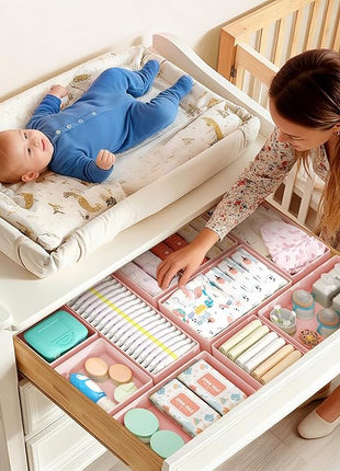 DIMJ Drawer Organizers Clothes, Set of 16 Dresser Organizer Bins, Fabric Closet Organizers and Storage, Shallow Drawer Dividers for Nursery, Clothing, Baby Clothes, Socks, Underwears, Tie (Pink)