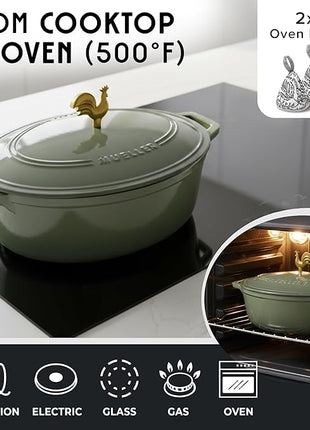 MUELLER HOME 5.5 Quart Enameled Cast Iron Oval Dutch Oven w Rooster Knob & Cotton Potholders, Heavy-Duty Cookware, Oven-Safe up to 500° F & Across All Cooktops, Gifts for Grandma & Women, Thyme Green