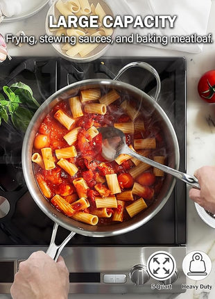 Cooks Standard Classic Stainless Steel Saute Pan 11-inch, 5 Quart Induction Cookware Deep Frying Pan Cooking Skillet with Lid, Stay-Cool Handle