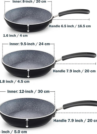 Cook N Home 8"/10"/12" 3 Pieces Frying Saute Pan Set with Non-stick Coating and Induction Compatible bottom, Black