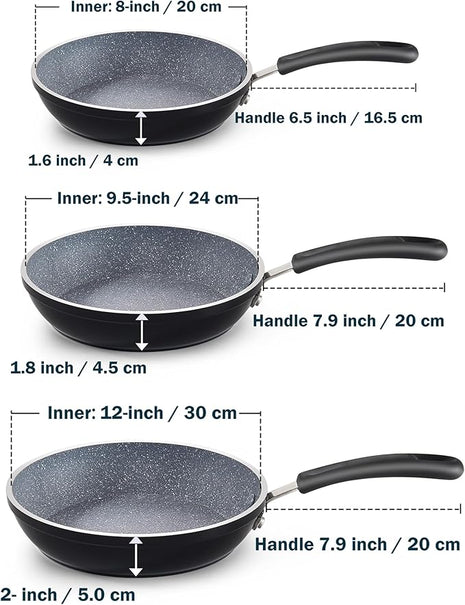 Cook N Home 8"/10"/12" 3 Pieces Frying Saute Pan Set with Non-stick Coating and Induction Compatible bottom, Black