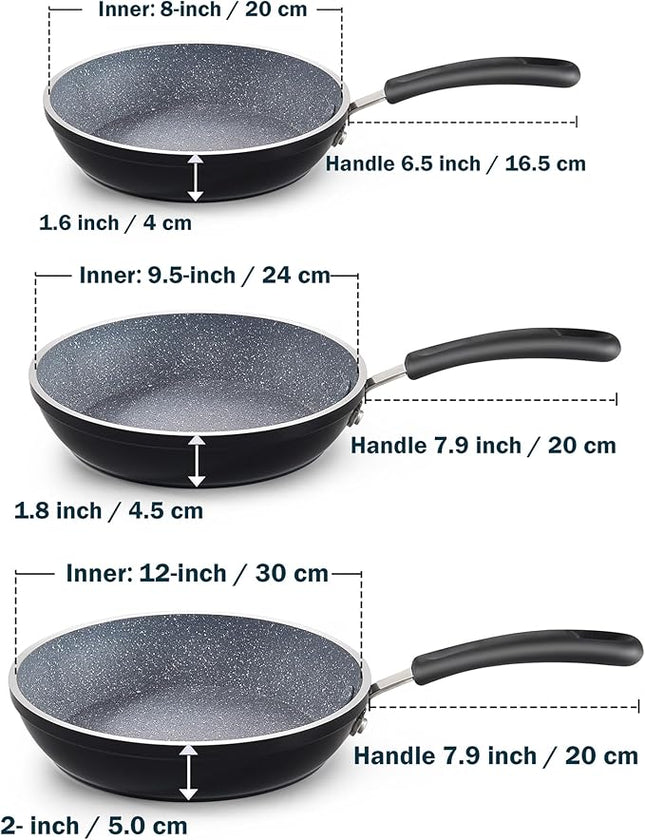 Cook N Home 8"/10"/12" 3 Pieces Frying Saute Pan Set with Non-stick Coating and Induction Compatible bottom, Black