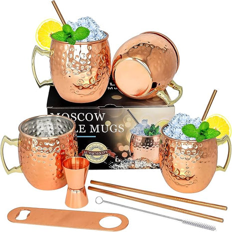 LINALL Moscow Mule Copper Mugs- Set of 4 Copper Plated Stainless Steel Mug 18oz, for Chilled Drinks (4 pcs)