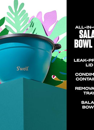 S'well Stainless Steel Salad Bowl Kit 64oz, Peacock Blue, Comes with 2oz Mini Canister and Removable Tray for Organization, Leakproof, Easy to Clean, Dishwasher Safe