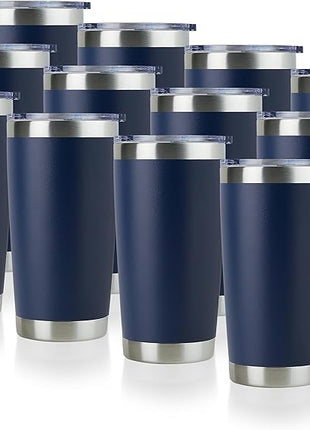 DOMICARE 20oz Stainless Steel Tumbler Bulk with Lid, Double Wall Vacuum Insulated Travel Mug, Powder Coated Coffee Cup (Navy, 12)