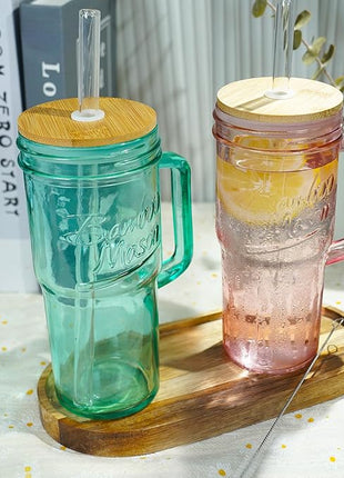 ANOTION Colored Glass Cups with Handle Set of 4, 24oz Glass Cups with Lids and Straws Travel Coffee Mug Bamboo Mason Jar Iced Cup Smoothie Tea Clear Cute Water Drinking Jars Glasses