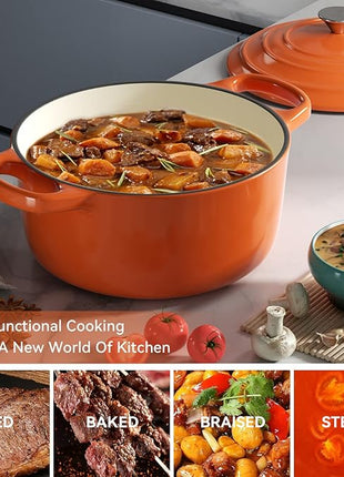 Miereirl 6 Quart Enameled Dutch Oven Pot with Lid, Cast Iron Dutch Oven with Dual Handles for Bread Baking, Cooking, Non-stick Enamel Coated Cookware (Orange)