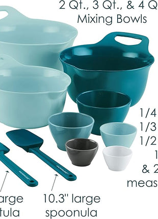 Rachael Ray Tools and Gadgets Mix and Measure Cooking / Baking Prep Set with Mixing Bowls, Measuring Cups, and Tools - 10 Piece, Light Blue and Teal