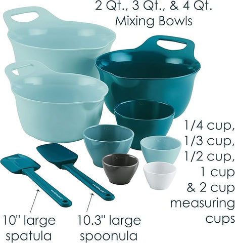Rachael Ray Tools and Gadgets Mix and Measure Cooking / Baking Prep Set with Mixing Bowls, Measuring Cups, and Tools - 10 Piece, Light Blue and Teal