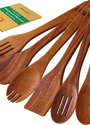 Riveira Walnut Wooden Spoons for Cooking Set of 6 – Natural Walnut Wooden Cooking Utensils, Spatula, Spoon - Premium Quality Utensil Set for Non-Toxic Cooking
