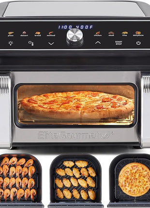 Elite Gourmet EAF2411G Digital Indoor Grill/Air Fryer Oven, 11L Capacity, Grill Rack, 8 Presets, Bake, Roast, Broil, Dehydrate, 1700-Watts, 25 Delicious Recipes, Stainless-Steel/Black
