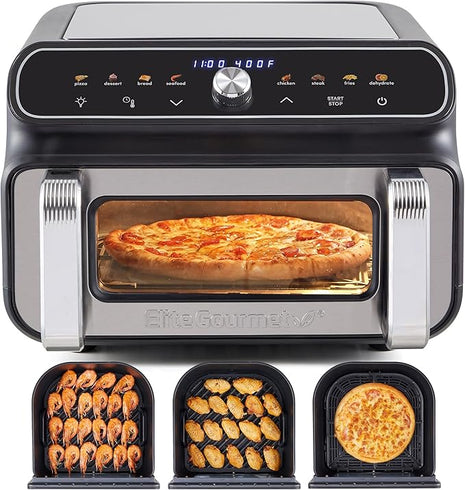 Elite Gourmet EAF2411G Digital Indoor Grill/Air Fryer Oven, 11L Capacity, Grill Rack, 8 Presets, Bake, Roast, Broil, Dehydrate, 1700-Watts, 25 Delicious Recipes, Stainless-Steel/Black
