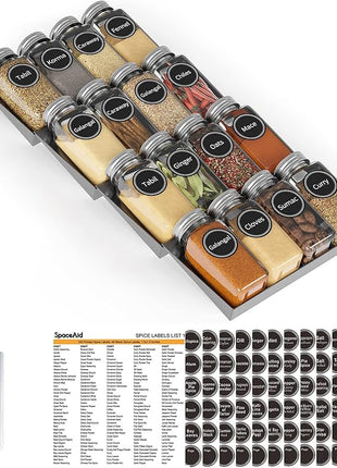 SpaceAid Spice Drawer Organizer with 16 Spice Jars, 386 Spice Labels, 4 Tier Seasoning Rack Tray Insert for Kitchen Drawers, 7.5" Wide x 17.5" Deep