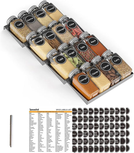 SpaceAid Spice Drawer Organizer with 16 Spice Jars, 386 Spice Labels, 4 Tier Seasoning Rack Tray Insert for Kitchen Drawers, 7.5" Wide x 17.5" Deep