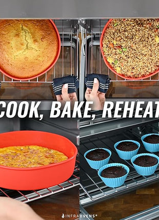 INFRAOVENS Round Silicone Cake Pan and Cupcake Liners – Nonstick Molds for Baking with Kitchen Conversion Chart and Recipes Booklet, BPA Free, 9.5 inch