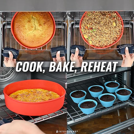 Air Fryer Toaster Oven Baking Pan Set Compatible with Cuisinart, Ninja Foodi, Breville, Emeril Lagasse, Bakeware Set Cupcake Liners & Kitchen Conversion Chart, Nonstick Round Cake Molds