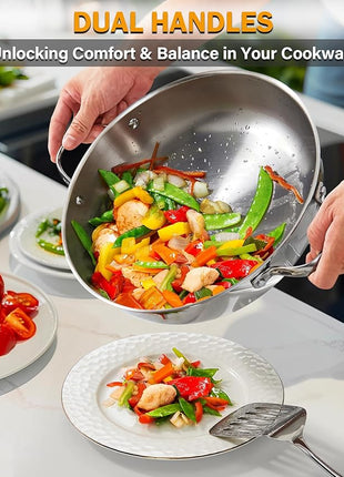 Cooks Standard Multi-Ply Clad Stainless Steel Wok Stir Fry Pan with Glass Lid, 12-inch large Stainless Steel Deep Frying Pan, Everyday Chef's Pan Flat Bottom Wok Induction Cookware