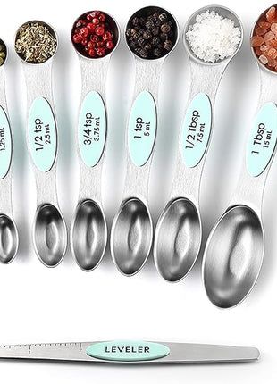 Spring Chef Stainless Steel Magnetic Measuring Spoons Set of 8 with Leveler, Metal Teaspoon & Tablespoon Measuring Spoons, Fits in Spice Jars, Kitchen Gadgets for Baking & Cooking - Set of 2 - Mint
