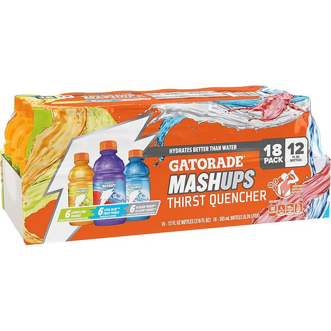 Gatorade Thirst Quencher, Mashups Variety Pack, Cool Blue-Fruit Punch, Lemon-Lime-Orange, Glacier Freeze-Glacier Cherry, 12 Fl Oz (Pack of 18)