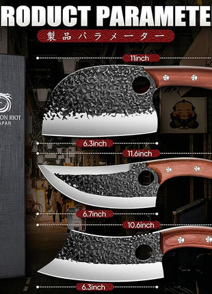 DRAGON RIOT Professional Butcher Knife Set for Meat Processing, 3Pcs High Carbon Steel Hand Forged Serbian Cleaver Chef Knife Set with Ergonomic Handles for Kitchen Outdoor Cooking