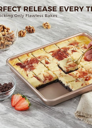 HONGBAKE 2 Pack 11 x 9 Inch Toaster Oven Pans and Trays, Small Baking Sheet Set for Cooking, Non-Stick Cookie Sheets, Heavy-Duty 0.8mm Thick, Easy to Clean, 1.26 Inch Deep, Gold