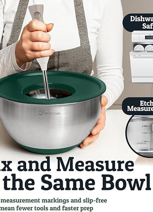 Priority Chef Stainless Steel Mixing Bowls with Lids Set, Metal Nesting Bowls with Airtight Lids, Graters, Non-Slip Base & Measurement Marks, Includes Utensil Set for Prep, Baking & Storage, Green