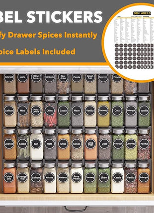 SpaceAid Spice Drawer Organizer with 44 Spice Jars, 386 Spice Labels, 4 Tier Seasoning Rack Tray Insert for Kitchen Drawers, 20.25" Wide x 17.5" Deep