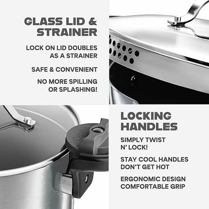 GOTHAM STEEL 5 Qt Stainless Steel Stock Pot Multipurpose Pasta Pot with Strainer Lid & Twist and Lock Handles, for Soup, Spaghetti, Rice, Induction Ready, Dishwasher Safe
